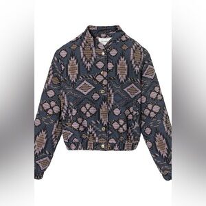 Promod Jacquard Women's Black and Purple Geometric Bomber Jacket